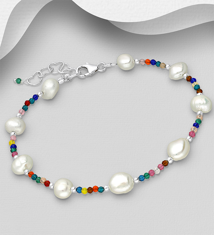 Wholesale 925 Sterling Silver Bracelet, Beaded with Colorful Crystal Glass and Freshwater Pearls - SKU #382-6030