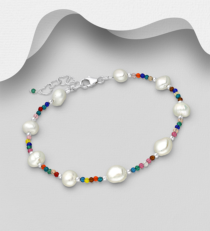 Wholesale 925 Sterling Silver Bracelet, Beaded with Colorful Crystal Glass and Freshwater Pearls - SKU #382-6030