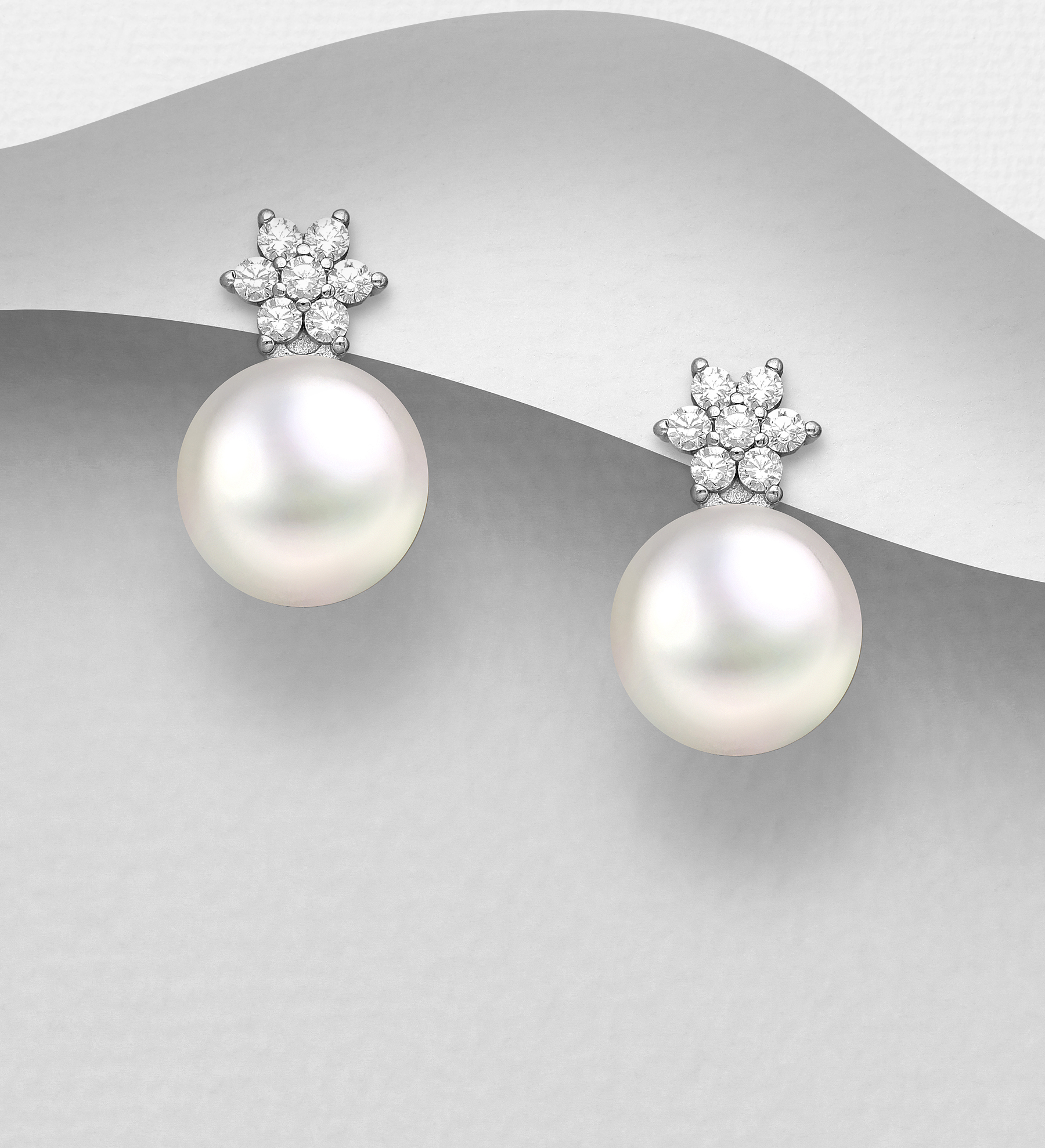 Wholesale 925 Sterling Silver Flower Push-Back Earrings, Decorated with CZ Simulated Diamonds and Freshwater Pearls - SKU #382-6033