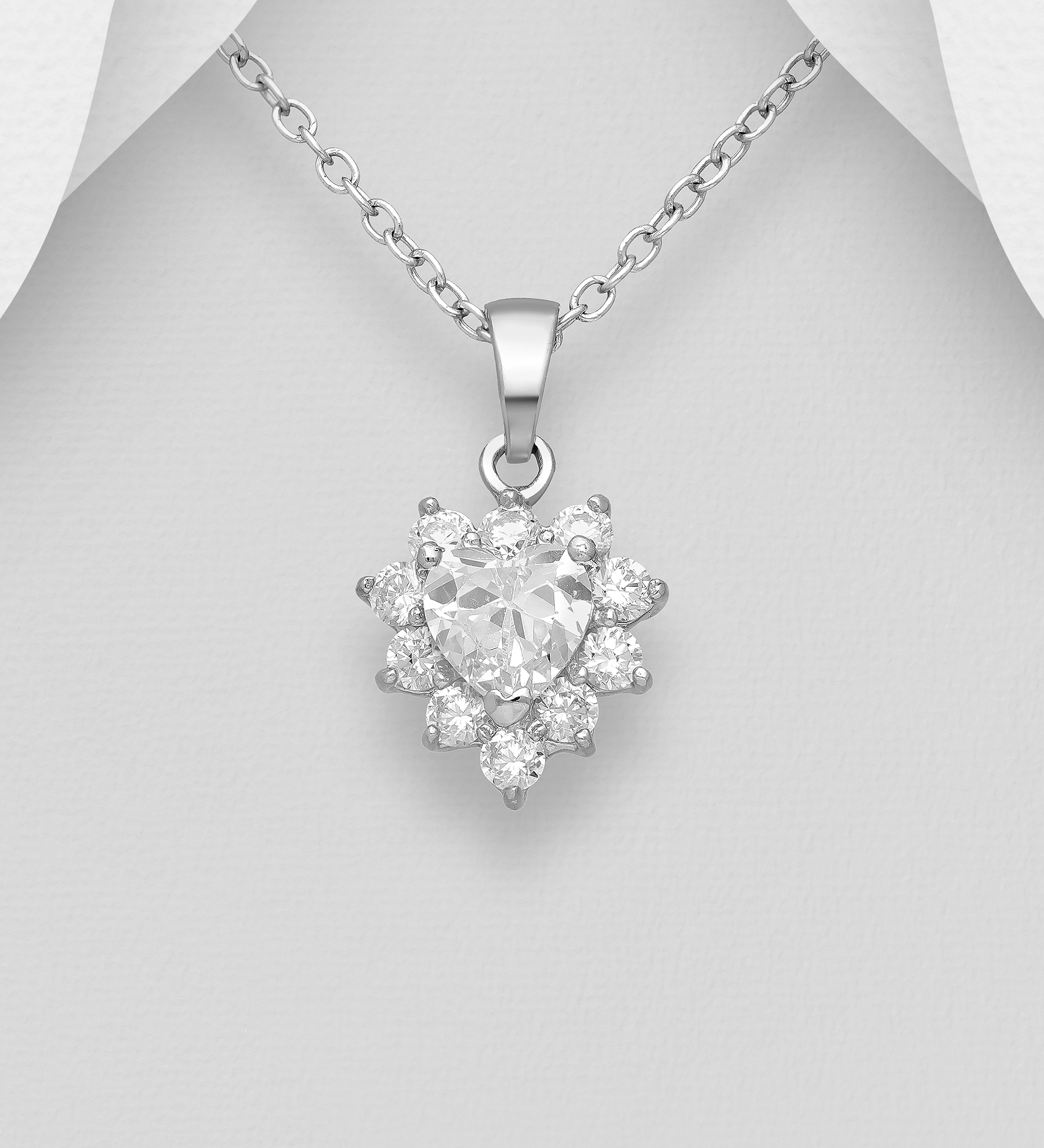 Wholesale 925 Sterling Silver Heart Pendant, Decorated with Heart-Cut CZ Simulated Diamonds - SKU #701-27729