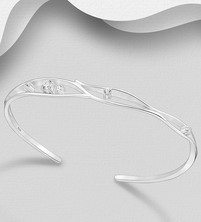 Wholesale 925 Sterling Silver Cuff, Decorated with CZ Simulated Diamonds - SKU #1063-4016
