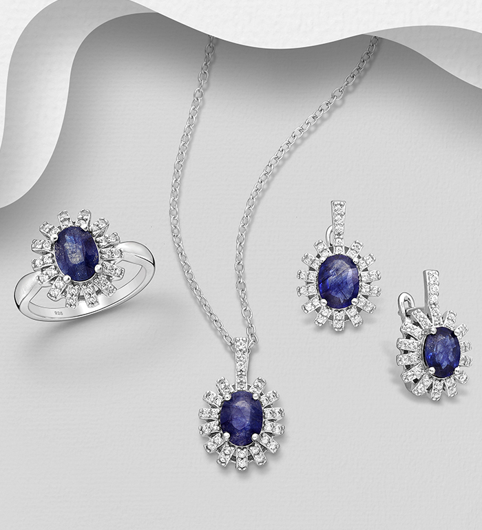 La Preciada - Wholesale 925 Sterling Silver Omega-Lock Earring, Ring and Pendant Jewelry Set, Decorated with Various Gemstones - SKU #1181-4799