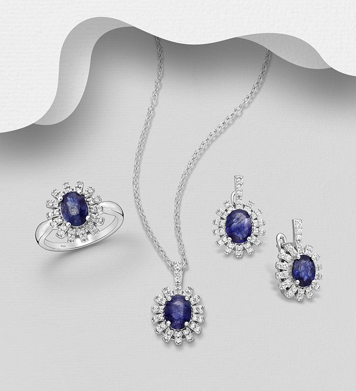 La Preciada - Wholesale 925 Sterling Silver Omega-Lock Earring, Ring and Pendant Jewelry Set, Decorated with Various Gemstones - SKU #1181-4799