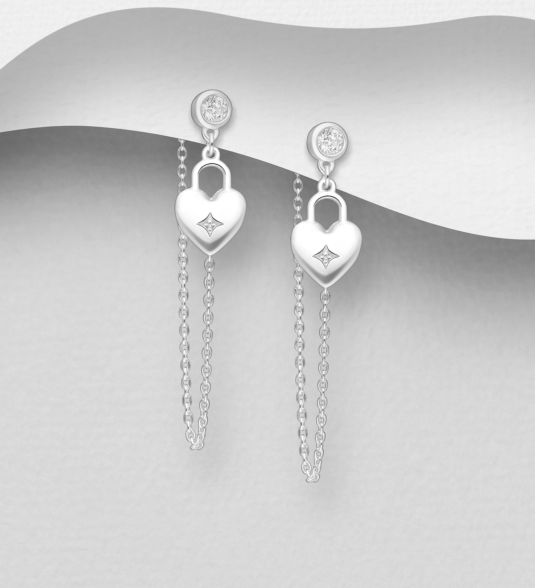 Wholesale 925 Sterling Silver Chain and Heart  Lock Push-Back Earrings, Decorated with CZ Simulated Diamonds - SKU #1063-4021