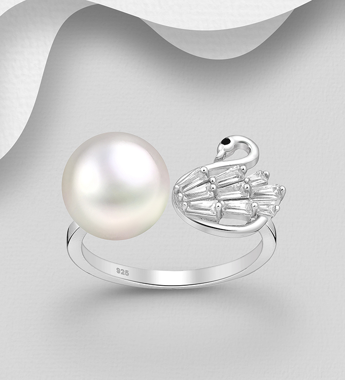 Wholesale 925 Sterling Silver Adjustable Swan Ring, Decorated with CZ Simulated Diamonds and Freshwater Pearl - SKU #382-6056