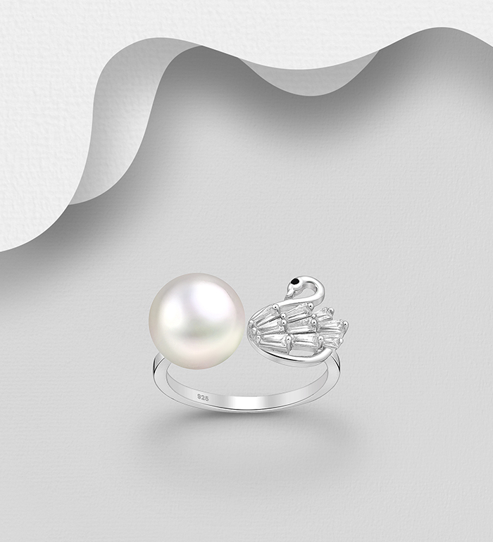 Wholesale 925 Sterling Silver Adjustable Swan Ring, Decorated with CZ Simulated Diamonds and Freshwater Pearl - SKU #382-6056