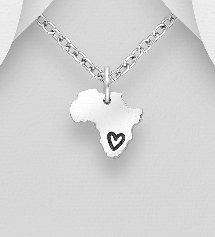 Wholesale 925 Sterling Silver Oxidized Africa Map Pendant with Heart Design Engraved. - SKU #1063-2255A