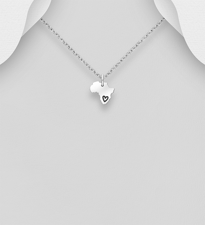 Wholesale 925 Sterling Silver Oxidized Africa Map Pendant with Heart Design Engraved. - SKU #1063-2255A