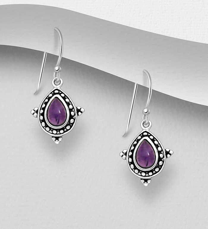 Wholesale 925 Sterling Silver Oxidized Droplet Hook Earrings, Decorated with Amethyst - SKU #781-7315