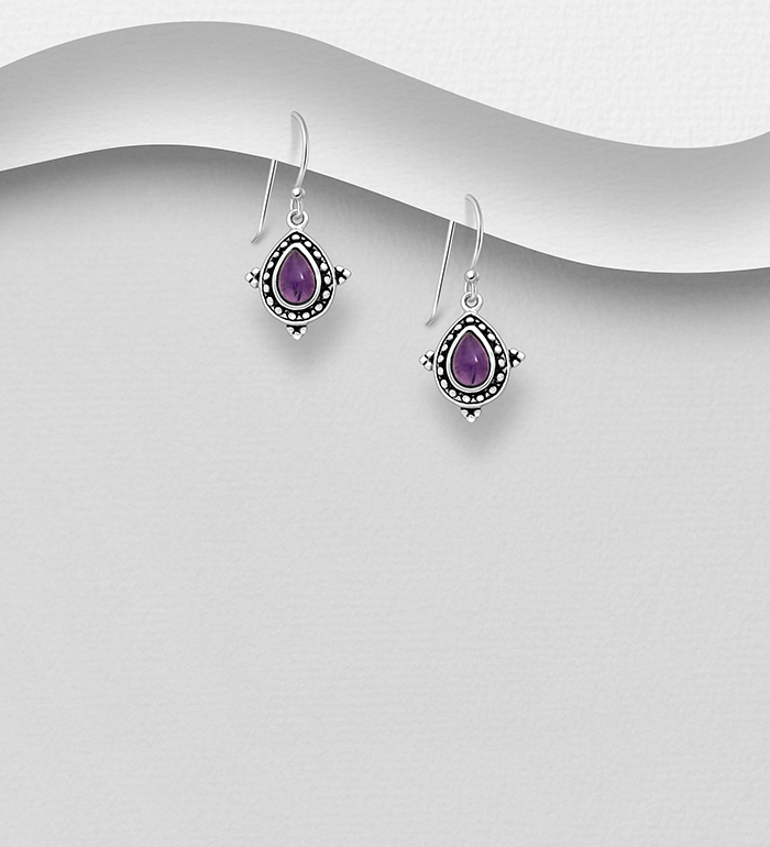 Wholesale 925 Sterling Silver Oxidized Droplet Hook Earrings, Decorated with Amethyst - SKU #781-7315