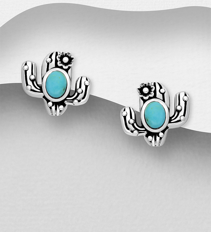 FAH 925 - Wholesale 925 Sterling Silver Oxidized Cactus Push-Back Earrings, Decorated with Reconstructed Turquoise - SKU #1854-393