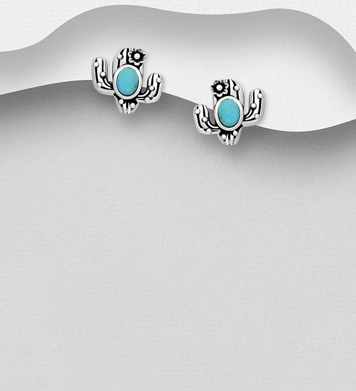 FAH 925 - Wholesale 925 Sterling Silver Oxidized Cactus Push-Back Earrings, Decorated with Reconstructed Turquoise - SKU #1854-393