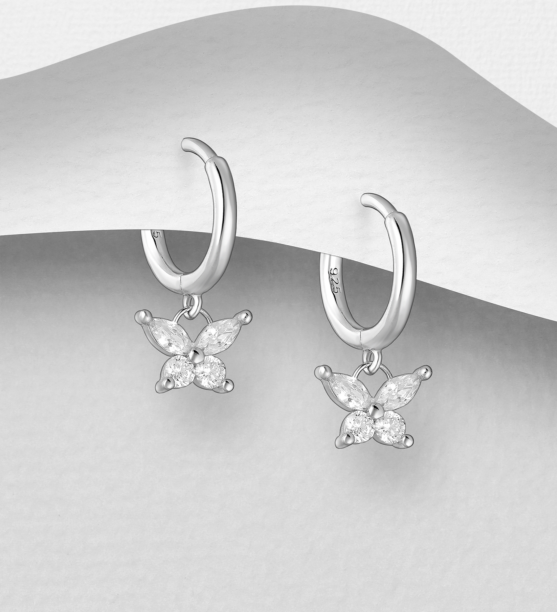 Wholesale 925 Sterling Silver Butterfly Hoop Earrings, Decorated with CZ Simulated Diamonds - SKU #701-27807