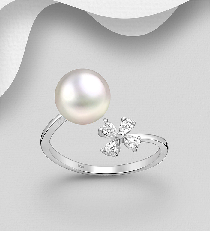 Wholesale 925 Sterling Silver Adjustable Flower Ring, Decorated with CZ Simulated Diamonds and Freshwater Pearl - SKU #382-6061