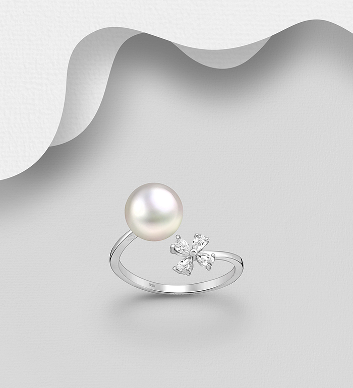 Wholesale 925 Sterling Silver Adjustable Flower Ring, Decorated with CZ Simulated Diamonds and Freshwater Pearl - SKU #382-6061