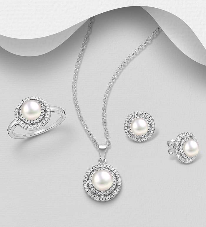 Wholesale 925 Sterling Silver Halo Push-Back Earrings, Ring and Pendant Jewelry Set, Decorated with CZ Simulated Diamonds and Freshwater Pearls - SKU #382-6076