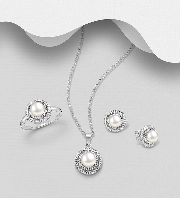 Wholesale 925 Sterling Silver Halo Push-Back Earrings, Ring and Pendant Jewelry Set, Decorated with CZ Simulated Diamonds and Freshwater Pearls - SKU #382-6076