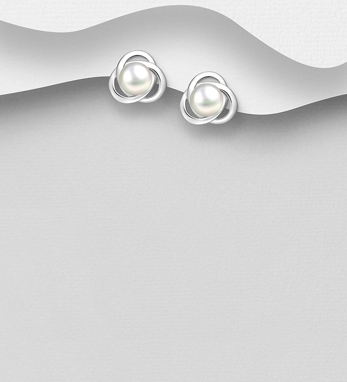 Wholesale 925 Sterling Silver Celtic Push-Back Earrings, Decorated with Freshwater Pearls - SKU #382-6080