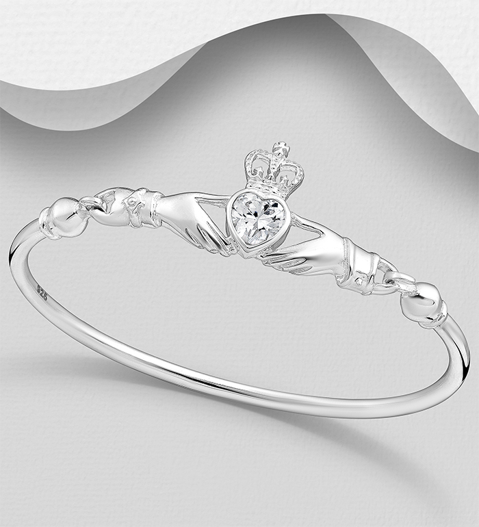 Wholesale 925 Sterling Silver Claddagh Bangle, Decorated with CZ Simulated Diamond - SKU #701-27864