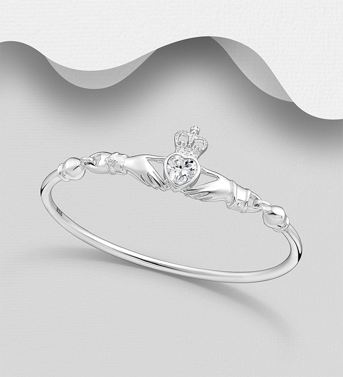 Wholesale 925 Sterling Silver Claddagh Bangle, Decorated with CZ Simulated Diamond - SKU #701-27864
