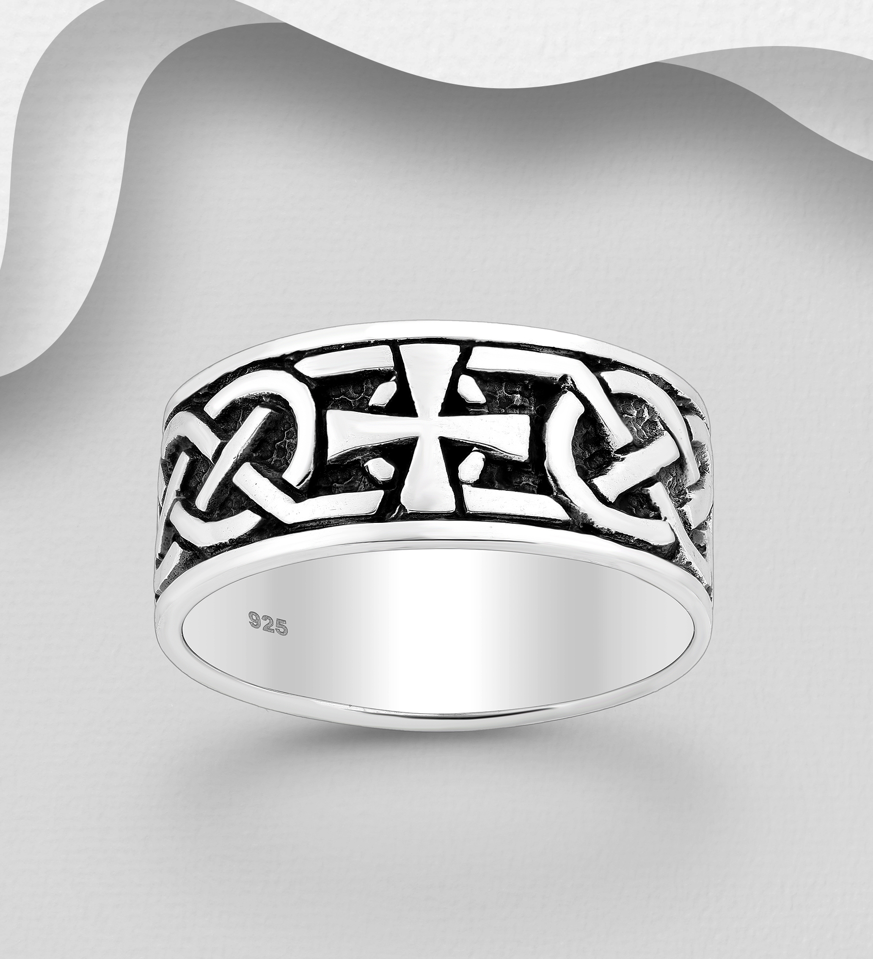 Wholesale 925 Sterling Silver Oxidized Celtic Ring, Featuring Cross - SKU #767-1636