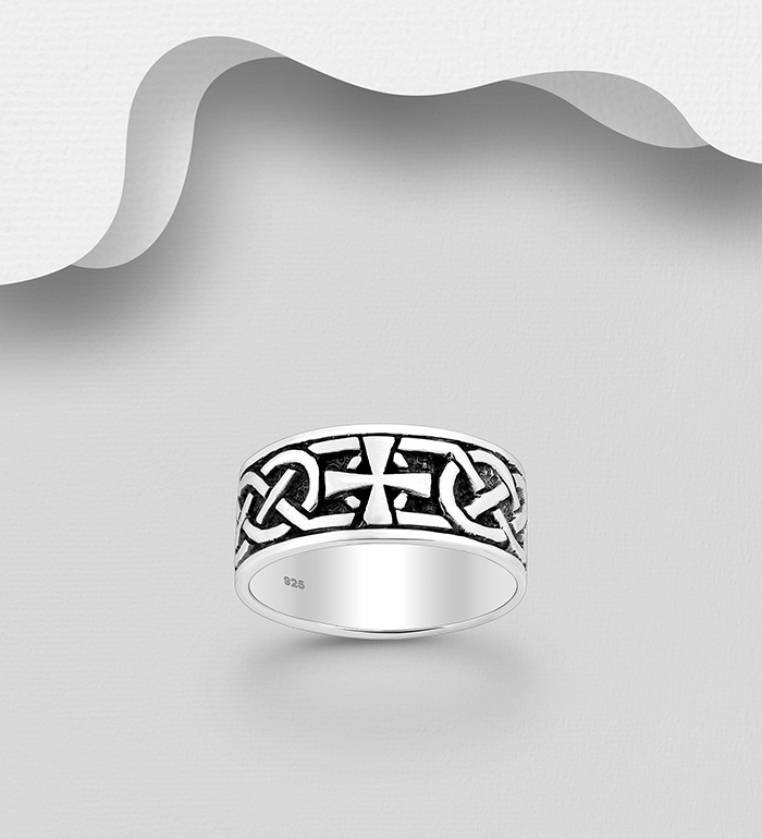 Wholesale 925 Sterling Silver Oxidized Celtic Ring, Featuring Cross - SKU #767-1636