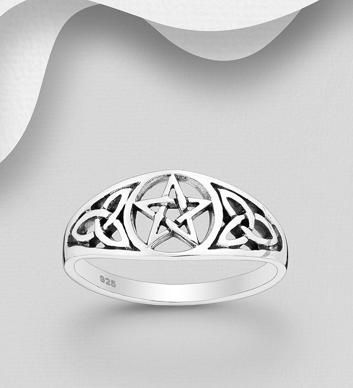 Wholesale 925 Sterling Silver Oxidized Celtic Ring, Featuring Pentagram Star - SKU #767-1637