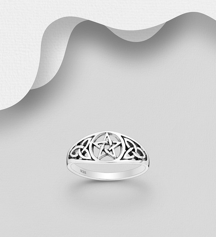 Wholesale 925 Sterling Silver Oxidized Celtic Ring, Featuring Pentagram Star - SKU #767-1637