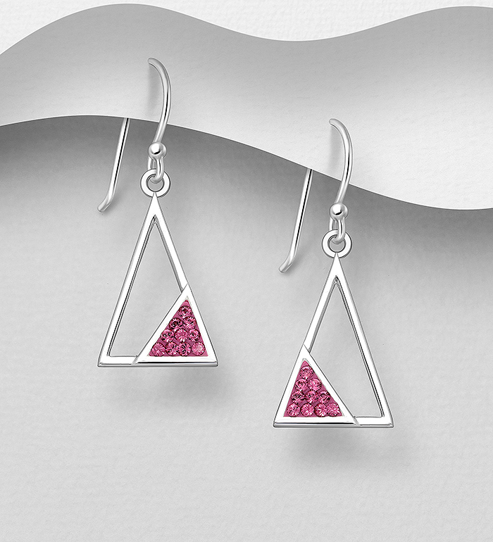 Wholesale 925 Sterling Silver Triangle Hook Earrings, Decorated with Crystal Glass - SKU #578-2838