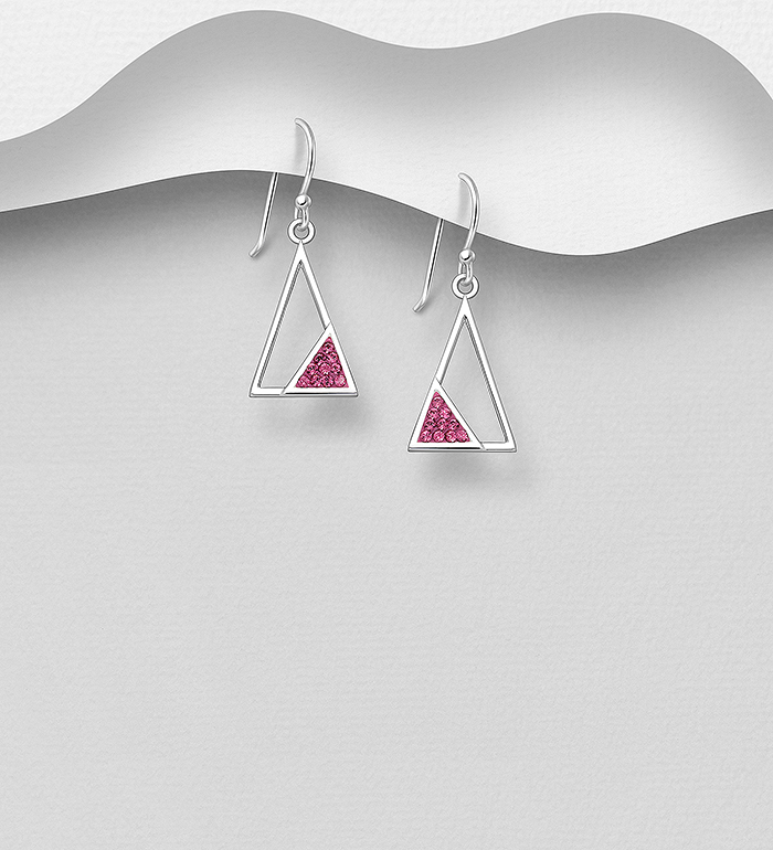 Wholesale 925 Sterling Silver Triangle Hook Earrings, Decorated with Crystal Glass - SKU #578-2838