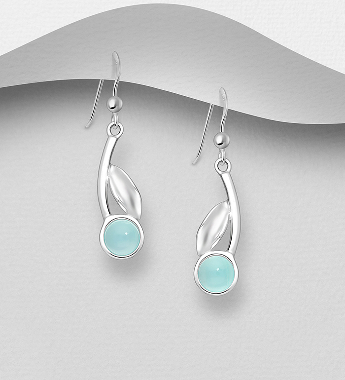 Wholesale 925 Sterling Silver Leaf Hook Earrings, Decorated with Light Sky-Blue Chalcedony - SKU #781-7361A