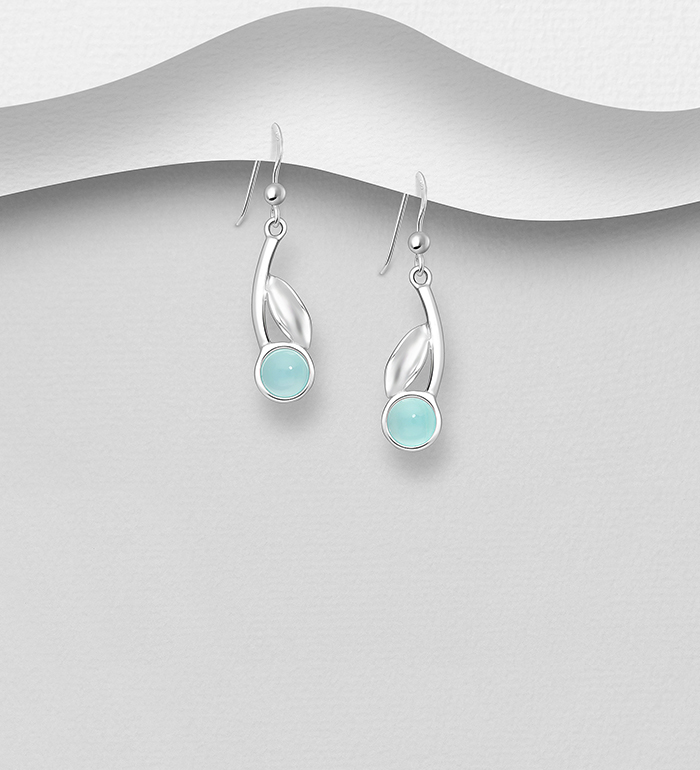 Wholesale 925 Sterling Silver Leaf Hook Earrings, Decorated with Light Sky-Blue Chalcedony - SKU #781-7361A