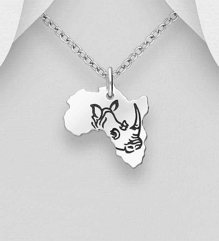 Wholesale 925 Sterling Silver Oxidized
Africa Map Pendant, Featuring Engraved Rhinoceros - SKU #1063-2258A