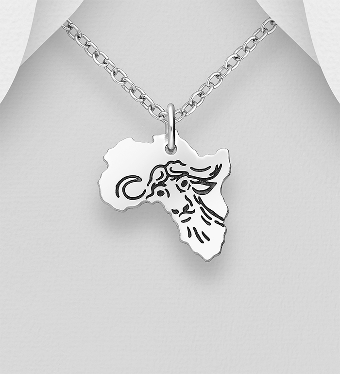 Wholesale 925 Sterling Silver Oxidized
Africa Map Pendant, Featuring Engraved Buffalo - SKU #1063-2261A