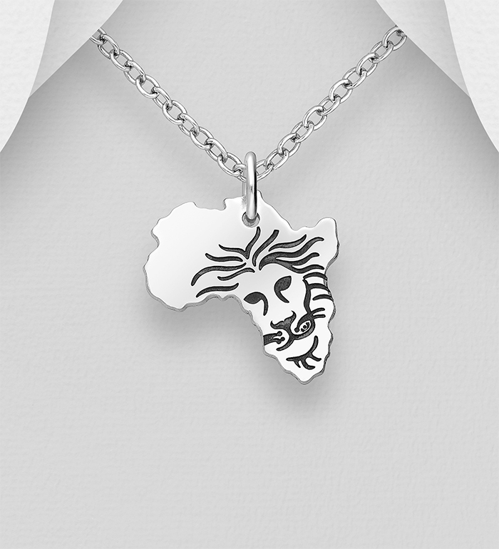 Wholesale 925 Sterling Silver Oxidized
Africa Map Pendant, Featuring Engraved Lion - SKU #1063-2259A