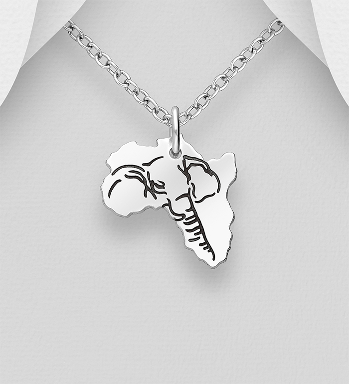 Wholesale 925 Sterling Silver Oxidized
Africa Map Pendant, Featuring Engraved Elephant - SKU #1063-2260A