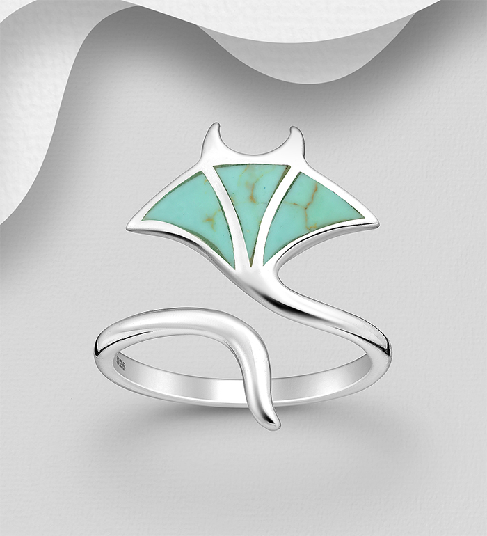 Wholesale 925 Sterling Silver Stingray Adjustable Ring, Decorated with Resin - SKU #781-7382