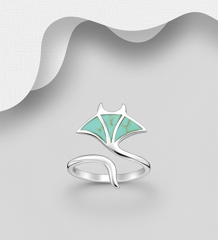 Wholesale 925 Sterling Silver Stingray Adjustable Ring, Decorated with Resin - SKU #781-7382