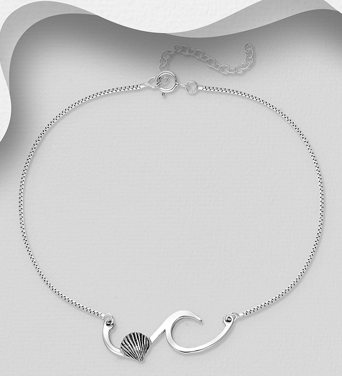 Wholesale 925 Sterling Silver Wave Anklet Featuring Oxidized Shell - SKU #1562-473