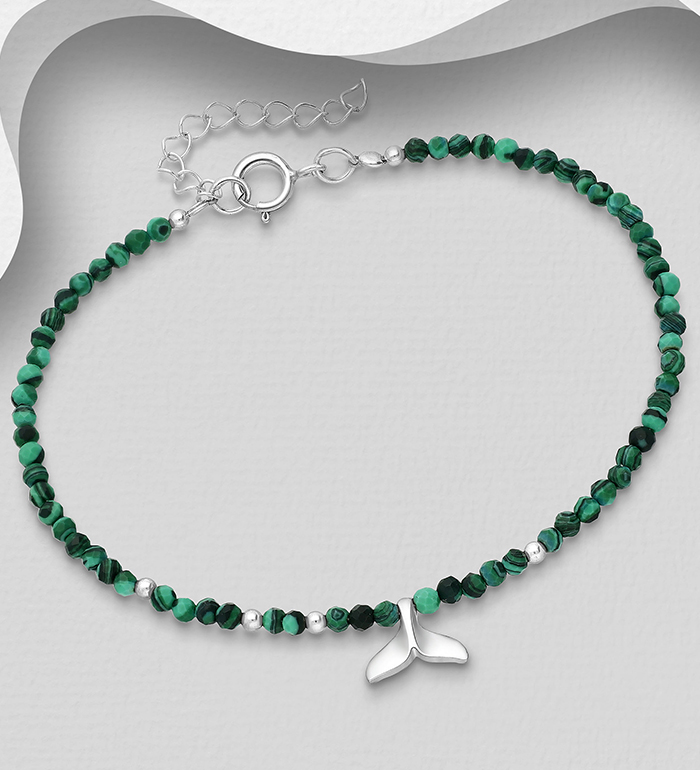 Wholesale 925 Sterling Silver Whale Tail Bracelet, Beaded with Various Gemstone Beads - SKU #781-7383