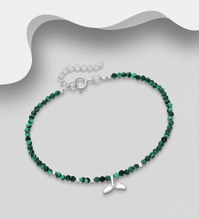Wholesale 925 Sterling Silver Whale Tail Bracelet, Beaded with Various Gemstone Beads - SKU #781-7383