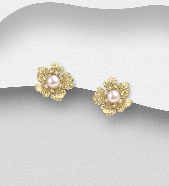 Wholesale 925 Sterling Silver Push-Back Earrings, Decorated with Freshwater Pearls and Plated with 1 Micron 14K Yellow Gold - SKU #1063-4062A
