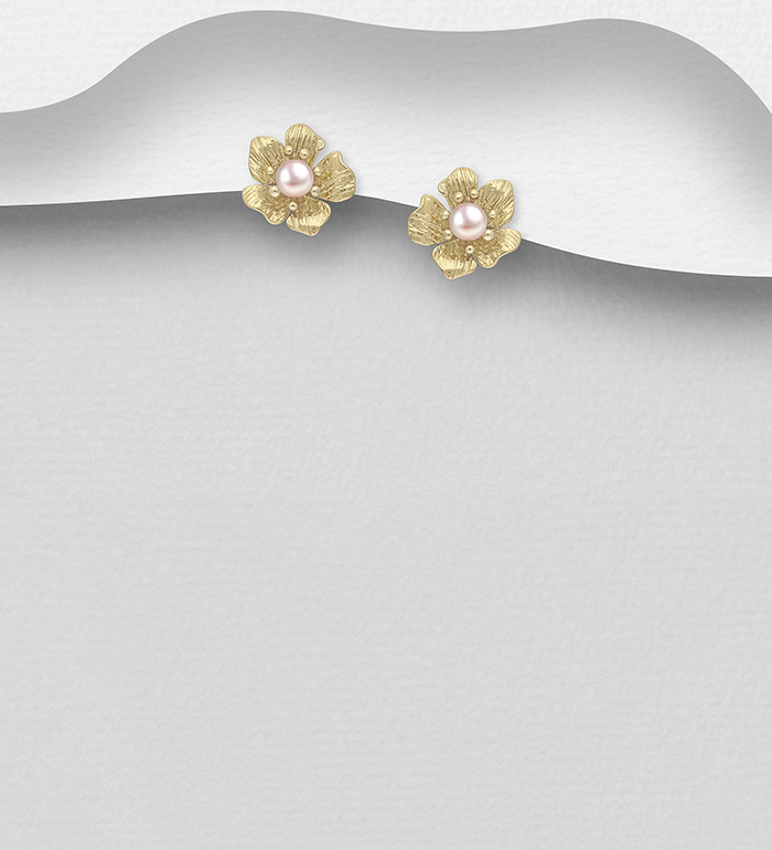 Wholesale 925 Sterling Silver Push-Back Earrings, Decorated with Freshwater Pearls and Plated with 1 Micron 14K Yellow Gold - SKU #1063-4062A