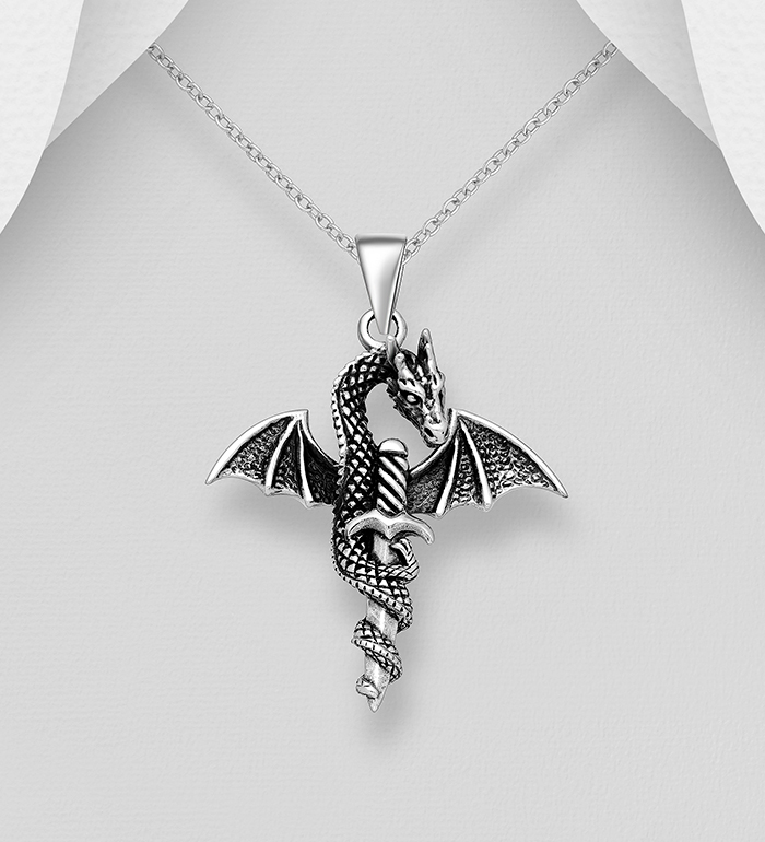 Wholesale 925 Sterling Silver Oxidized Dragon and Sword Pendant - SKU #1563-1082