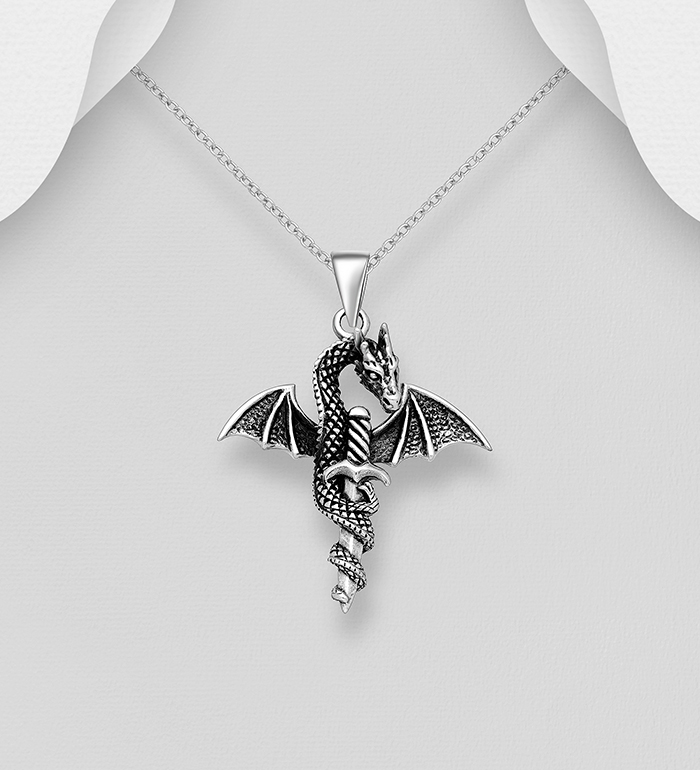 Wholesale 925 Sterling Silver Oxidized Dragon and Sword Pendant - SKU #1563-1082