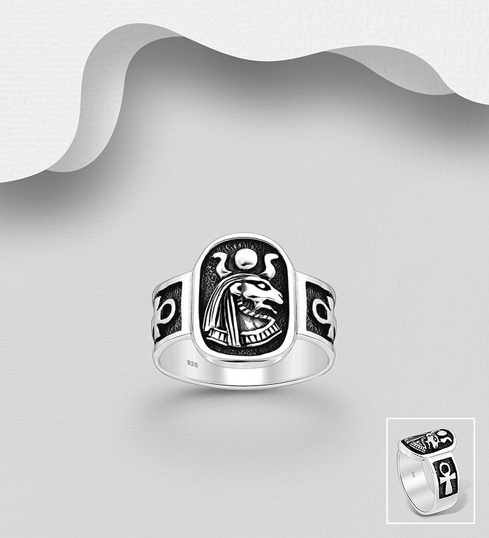 Wholesale 925 Sterling Silver Oxidized Pharaoh Ring, Featuring Egyptian Cross - SKU #1563-1080