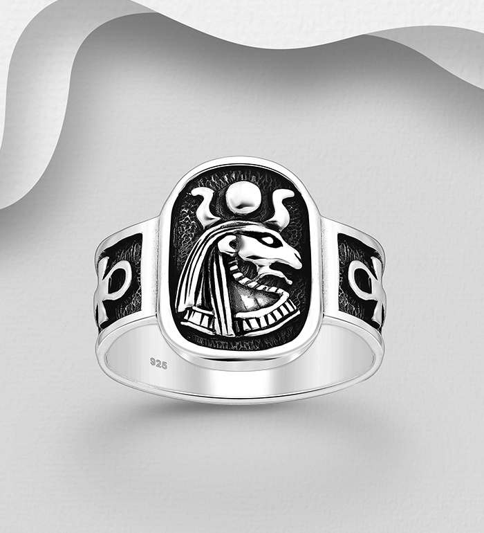 Wholesale 925 Sterling Silver Oxidized Pharaoh Ring, Featuring Egyptian Cross - SKU #1563-1080