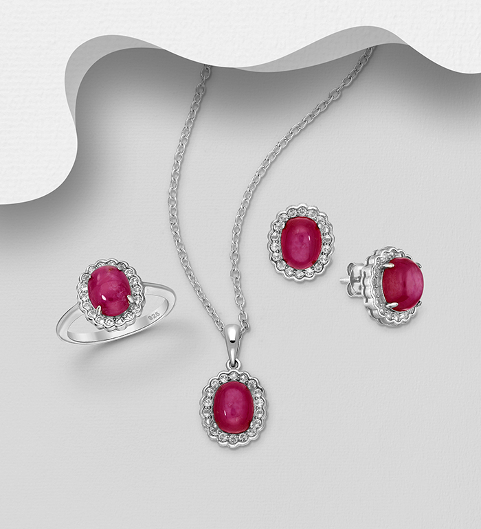 La Preciada - Wholesale 925 Sterling Silver Oval Halo Omega Lock Earrings, Ring and Pendant Jewelry Set, Decorated with Ruby and White Topaz - SKU #1181-4834