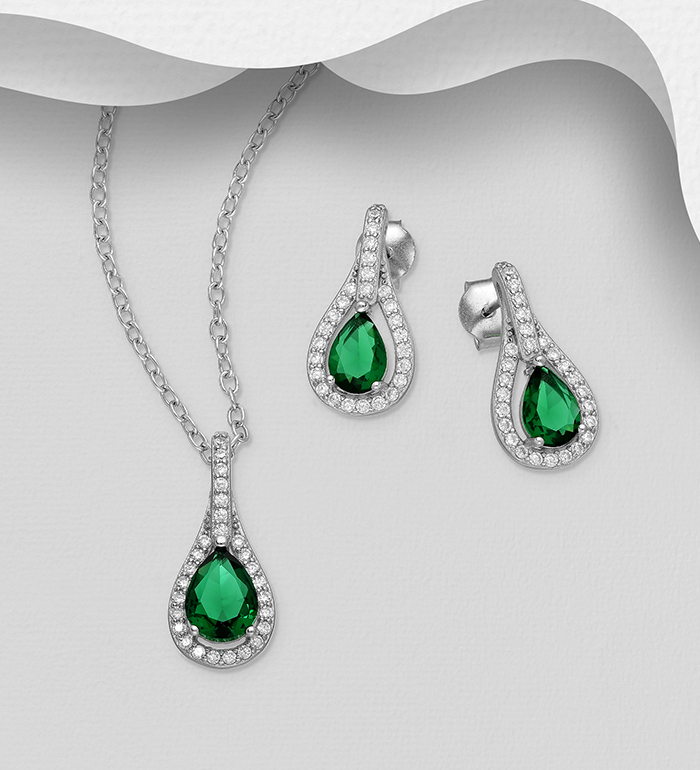 Wholesale 925 Sterling Silver Droplet Halo Push-Back Earrings and Pendant Jewelry Set, Decorated with CZ Simulated Diamonds - SKU #848-1570