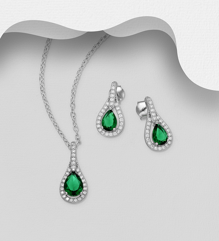 Wholesale 925 Sterling Silver Droplet Halo Push-Back Earrings and Pendant Jewelry Set, Decorated with CZ Simulated Diamonds - SKU #848-1570